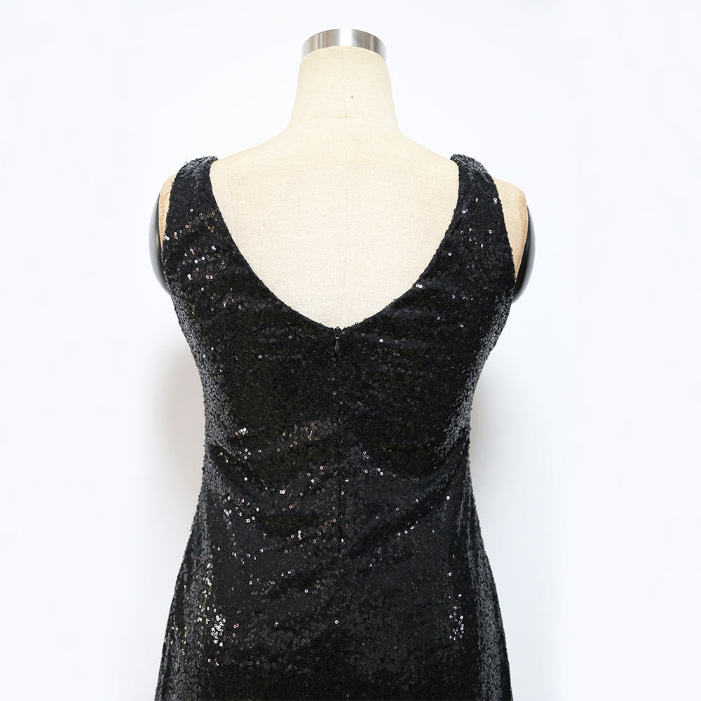 Women's Sleeveless Backless V-neck Black With Paillettes Long Dress