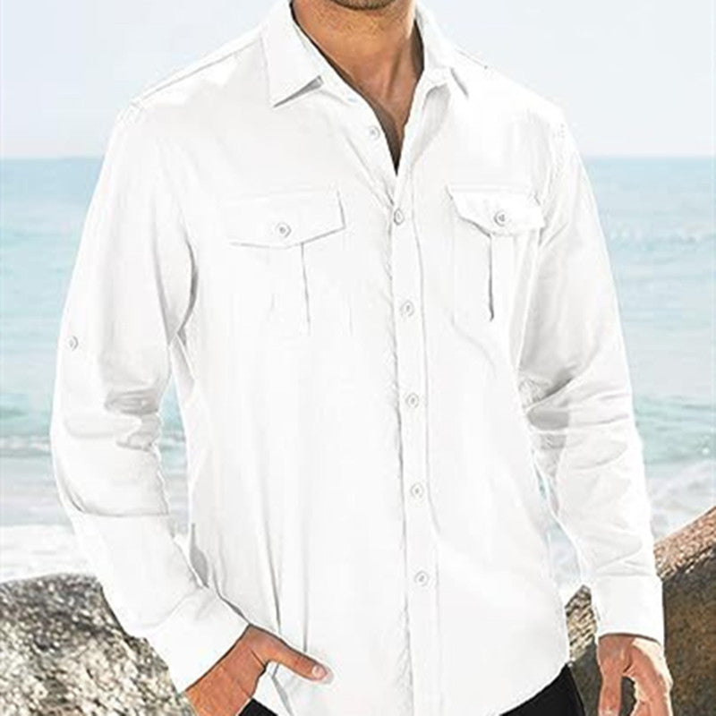 Men's Shirt Double Pocket Cotton Linen Long Sleeve