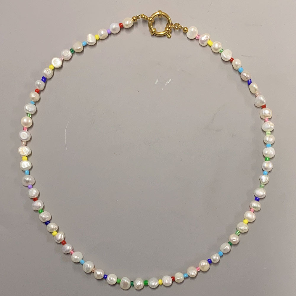 Titanium Steel Buckle Colored Glass Bead Freshwater Pearl Necklace