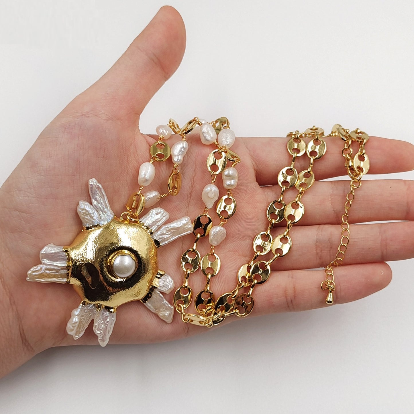 Crystal Quartz Freshwater Pearl Brass Long Exaggerated Design Pendant Necklace