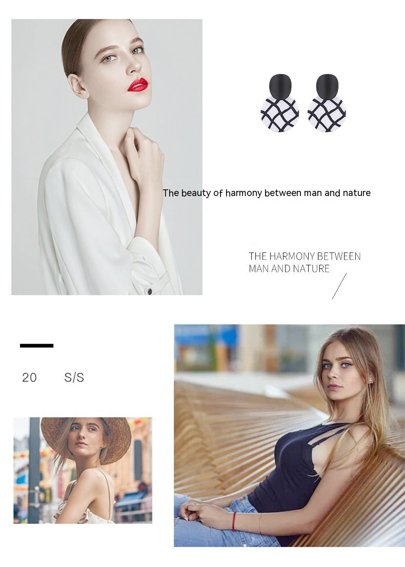 Polymer Clay Black-white Checkerboard Ear Studs Temperament Wild Popular Earrings