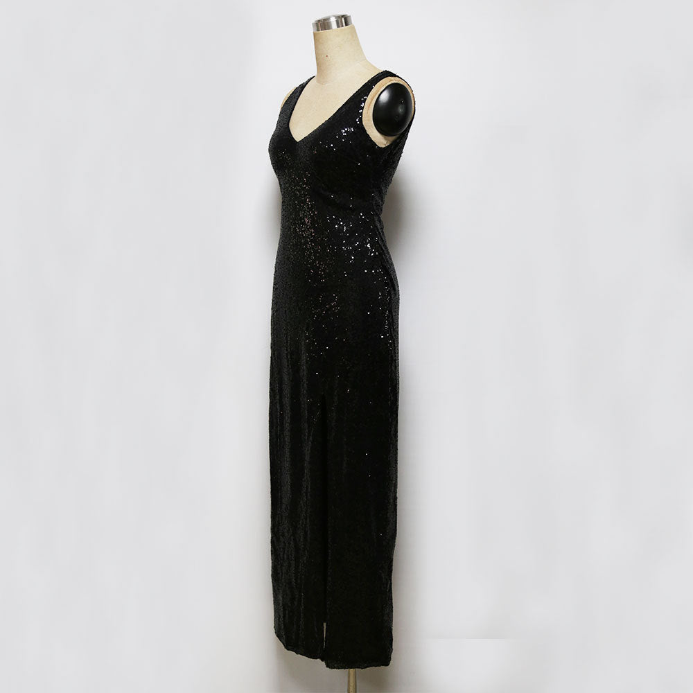 Women's Sleeveless Backless V-neck Black With Paillettes Long Dress