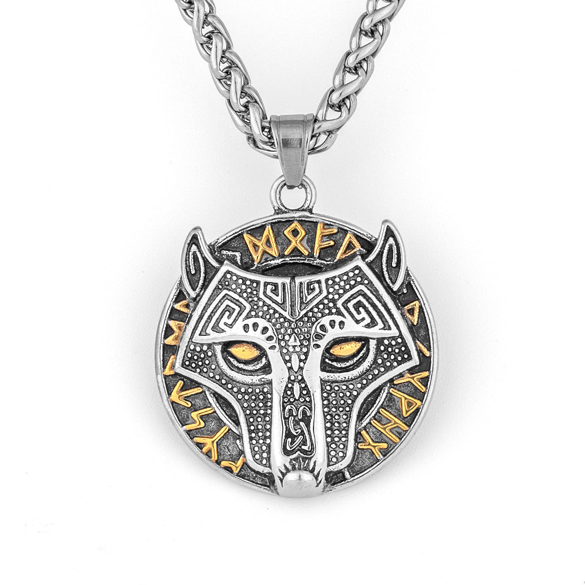 Viking Golden Wolf Head Aoding Rune Titanium Steel Pendant For Men