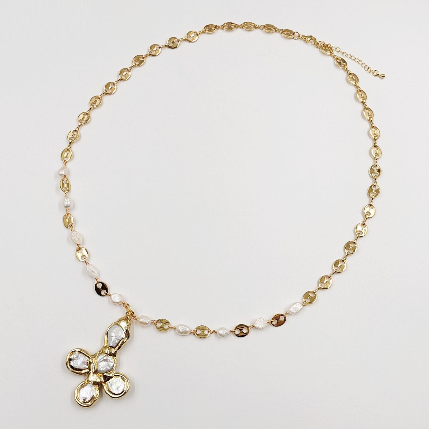 Crystal Quartz Freshwater Pearl Brass Long Exaggerated Design Pendant Necklace