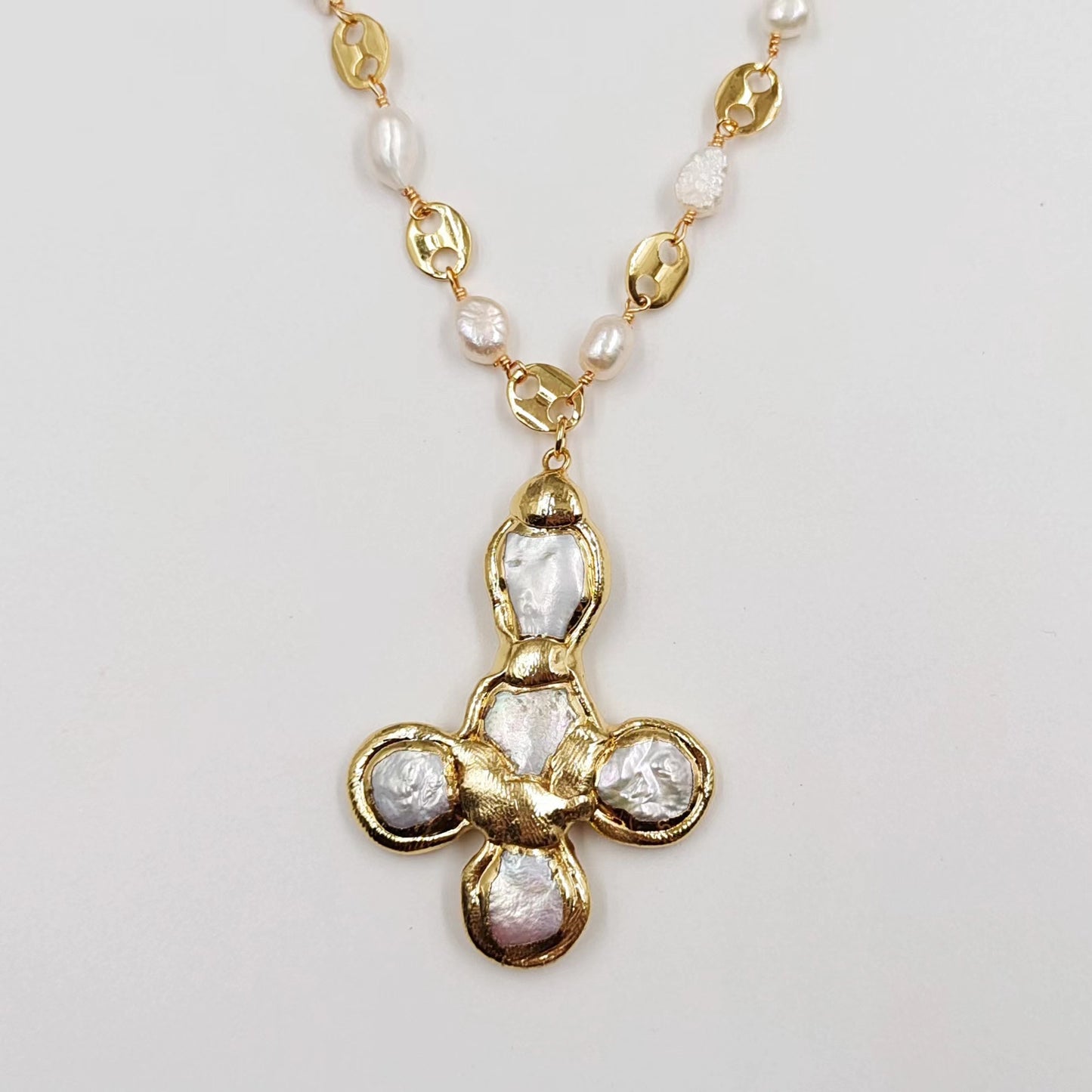 Crystal Quartz Freshwater Pearl Brass Long Exaggerated Design Pendant Necklace