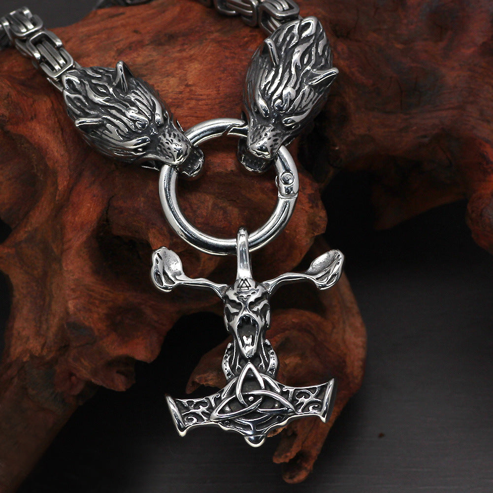 Vintage Square Chain Titanium Steel Pendant Wolf Head Necklace Men's Sweater Chain