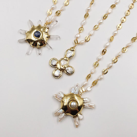 Crystal Quartz Freshwater Pearl Brass Long Exaggerated Design Pendant Necklace