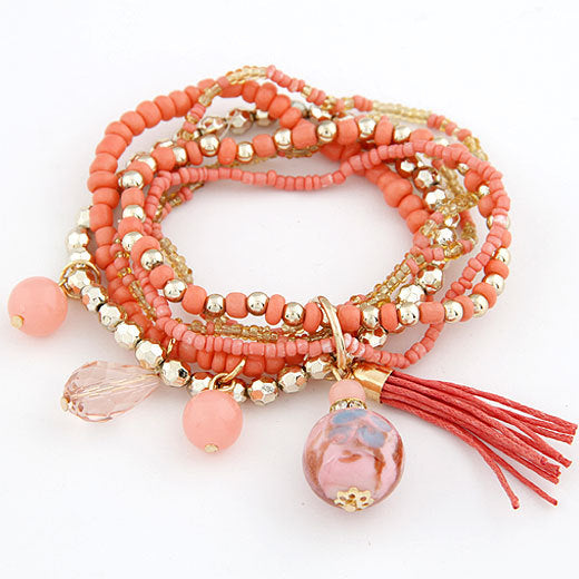 Rice Beads And Glass Tassels Multi-layer Stretch Bracelet