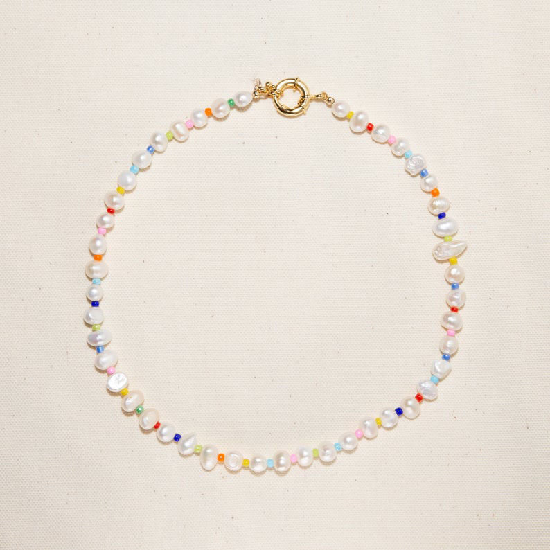 Titanium Steel Buckle Colored Glass Bead Freshwater Pearl Necklace