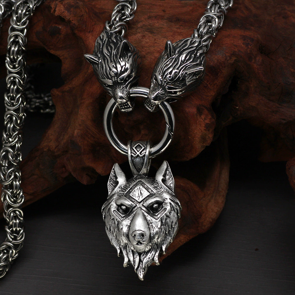 Vintage Square Chain Titanium Steel Pendant Wolf Head Necklace Men's Sweater Chain