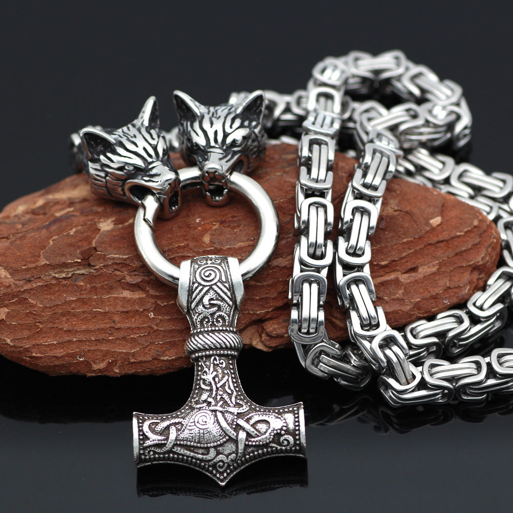 Vintage Square Chain Titanium Steel Pendant Wolf Head Necklace Men's Sweater Chain