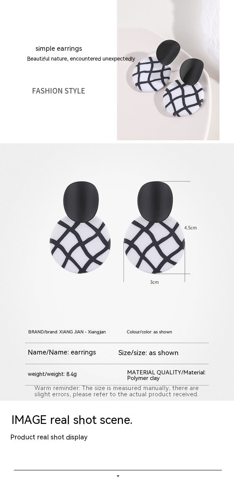 Polymer Clay Black-white Checkerboard Ear Studs Temperament Wild Popular Earrings