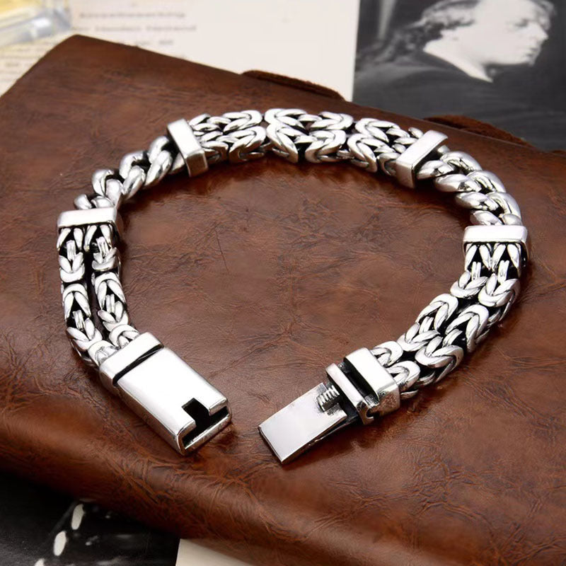 S925 Sterling Silver Trendy Men's Personalized Bracelet New Chinese Style Double Woven Safety Pattern Handmade Chain