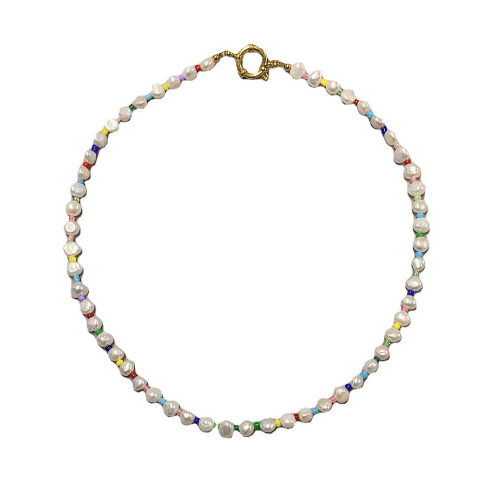 Titanium Steel Buckle Colored Glass Bead Freshwater Pearl Necklace