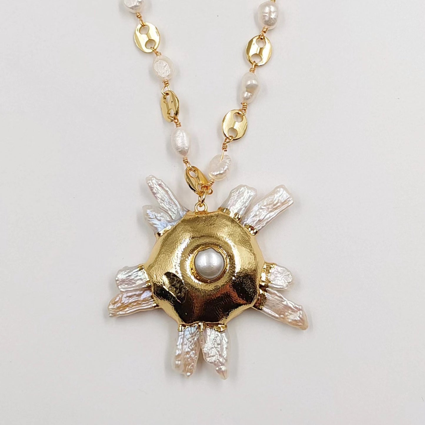 Crystal Quartz Freshwater Pearl Brass Long Exaggerated Design Pendant Necklace