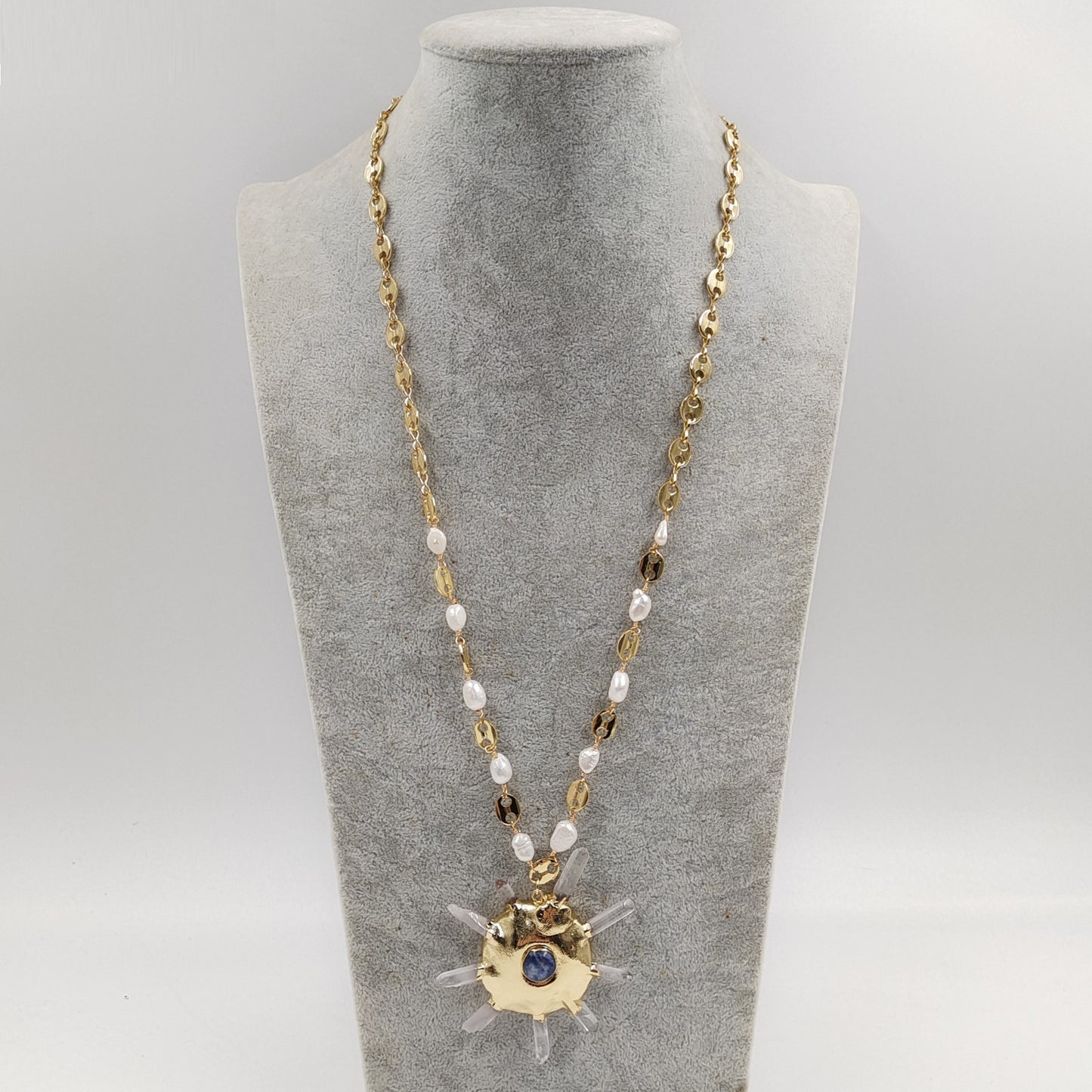 Crystal Quartz Freshwater Pearl Brass Long Exaggerated Design Pendant Necklace