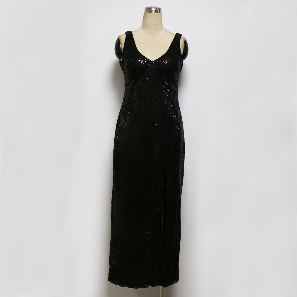 Women's Sleeveless Backless V-neck Black With Paillettes Long Dress