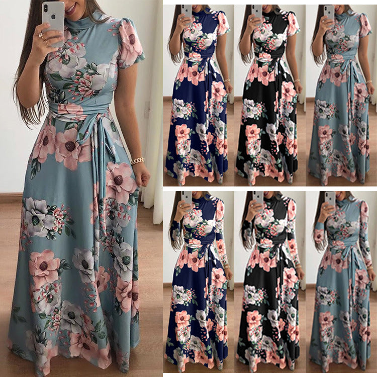 New Style European And American Style Flower Print Short-sleeved Big Dress Women